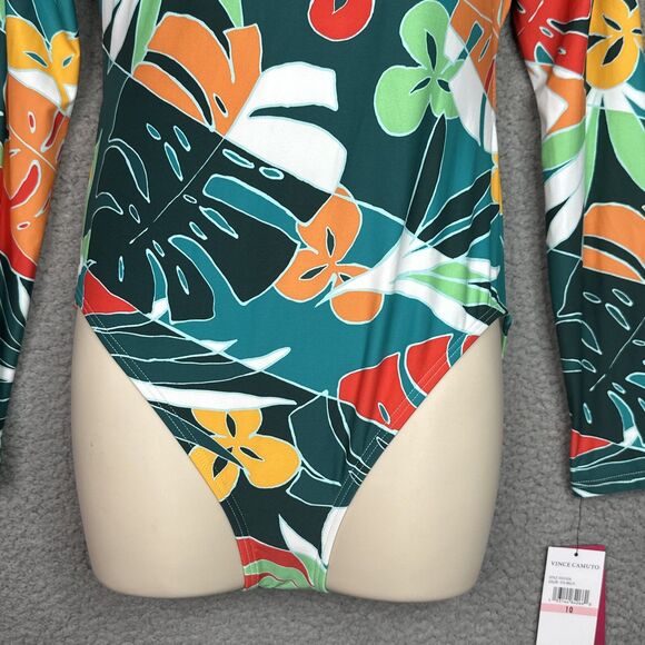 NWT Vince Camuto Tropical Long Sleeve Swimsuit Size 10 Open Back UPF‎ One Piece - Picture 3 of 15